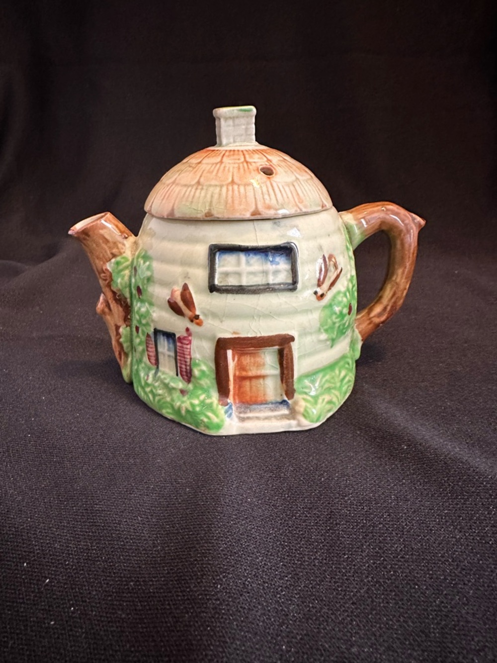Hand-Painted Ceramic Cottage Teapot made in Japan - Cream and Brown
